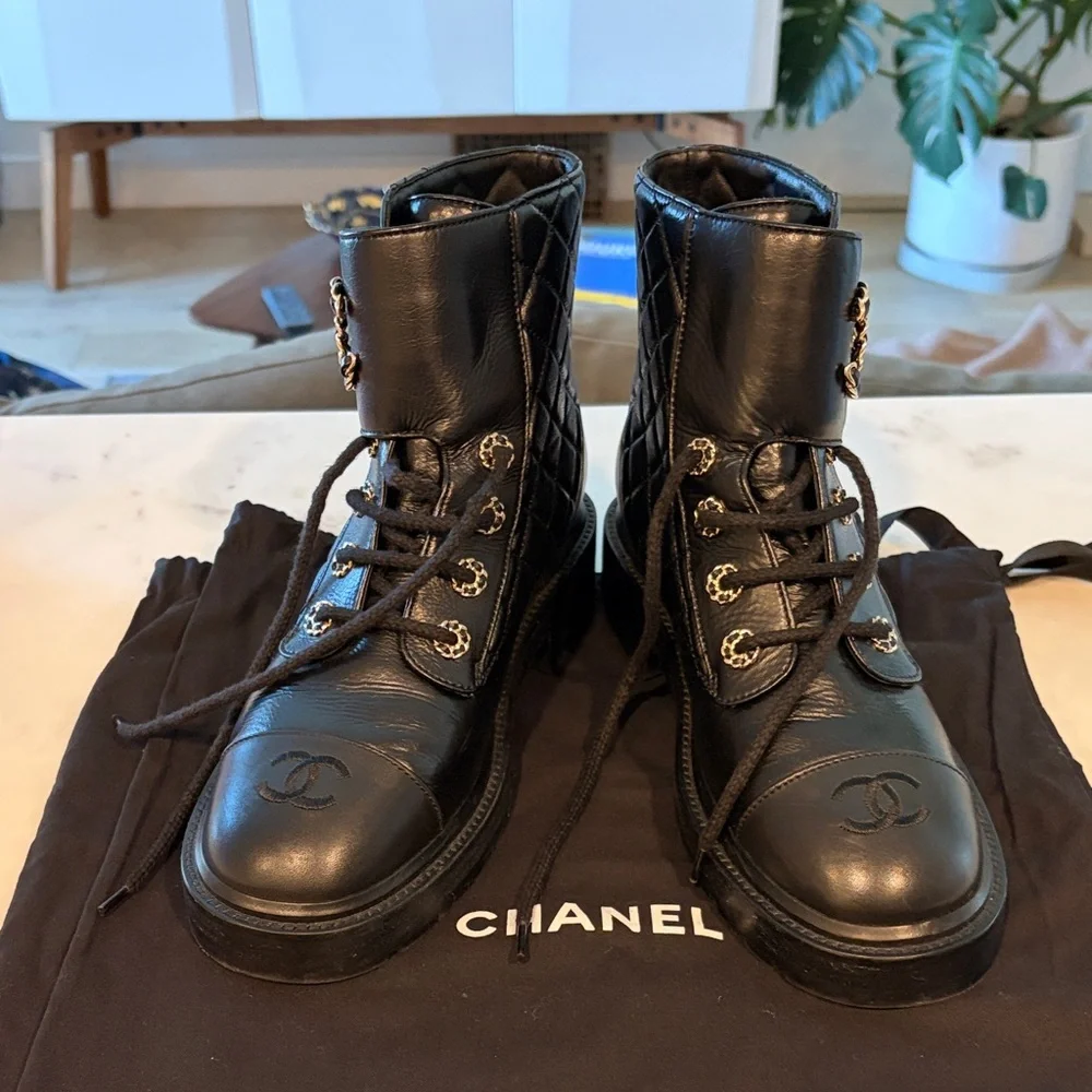 CHANEL Black Quilted Lace-Up Combat Boots with Gold Hardware. Size 39